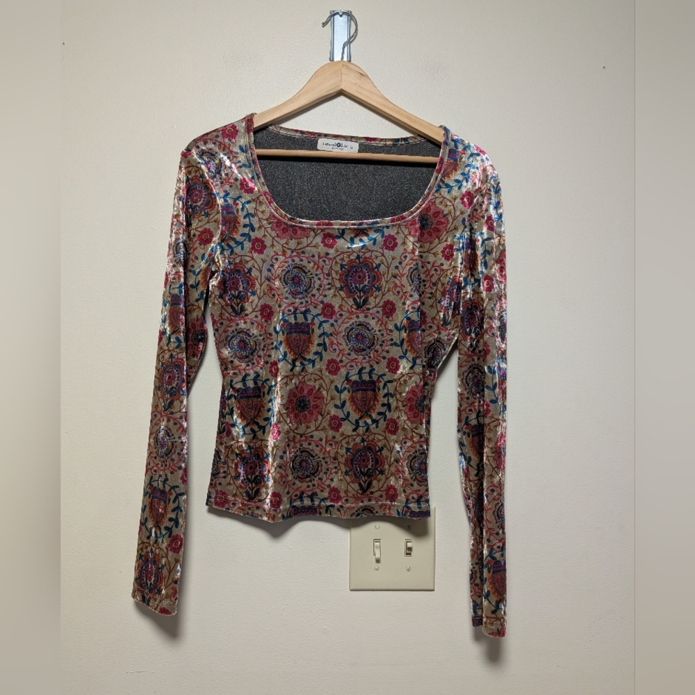 Natural Life L Velvet Floral Long Sleeve Top Boho Y2K Stretch